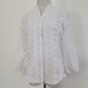 Coldwater Creek Womens White Cotton Embroidered Floral Top Button Up Blouse Sz M